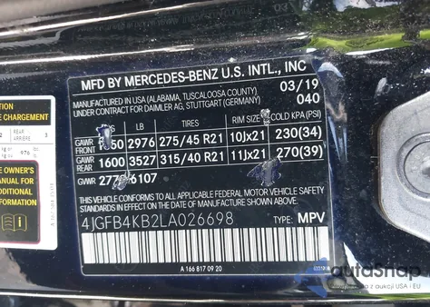 2020 Mercedes-Benz Gle 350 4Matic z USA, uszkodzony, nr VIN 4JGFB4KB2LA026698